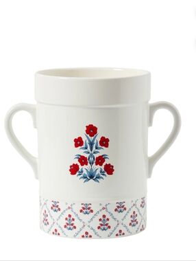 White Two-Handled Ceramic Crock with Red & Blue Floral Motif